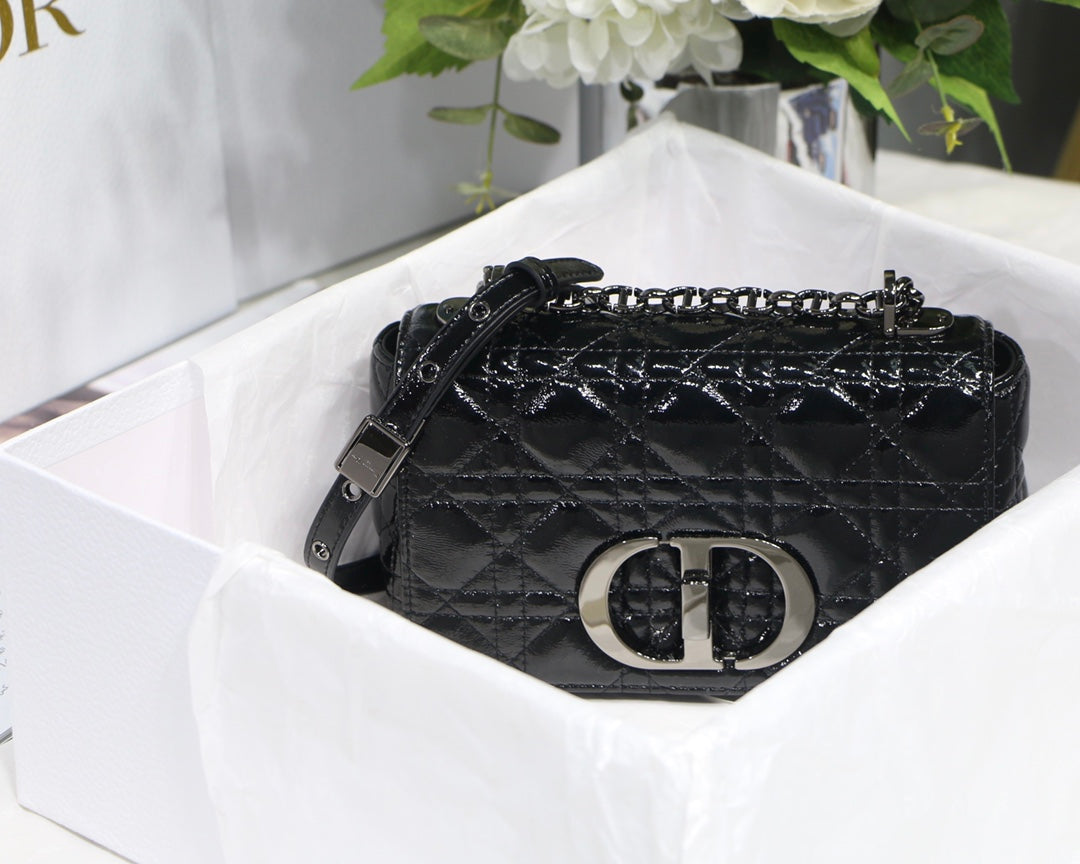 Dior Caro 褶皺漆皮系列 小號20cm-黑色