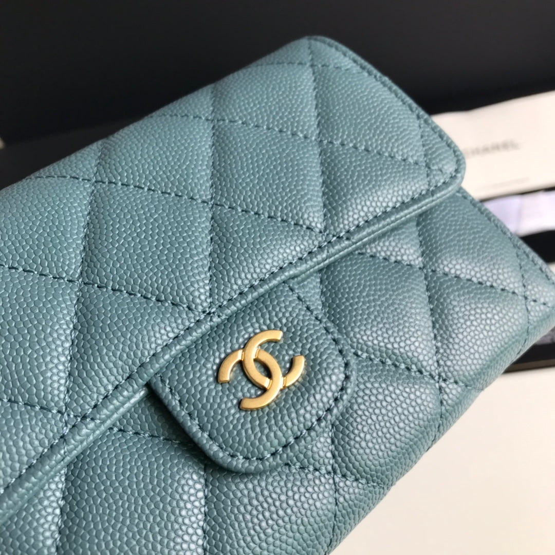 Chanel CF 三折中夾-霧霾藍荔枝皮金釦