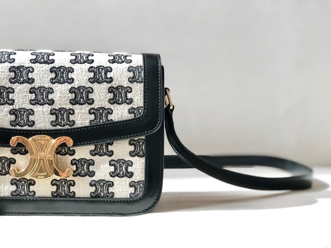 Celine 中號TRIOMPHE刺繡織物和牛皮革手袋-黑色