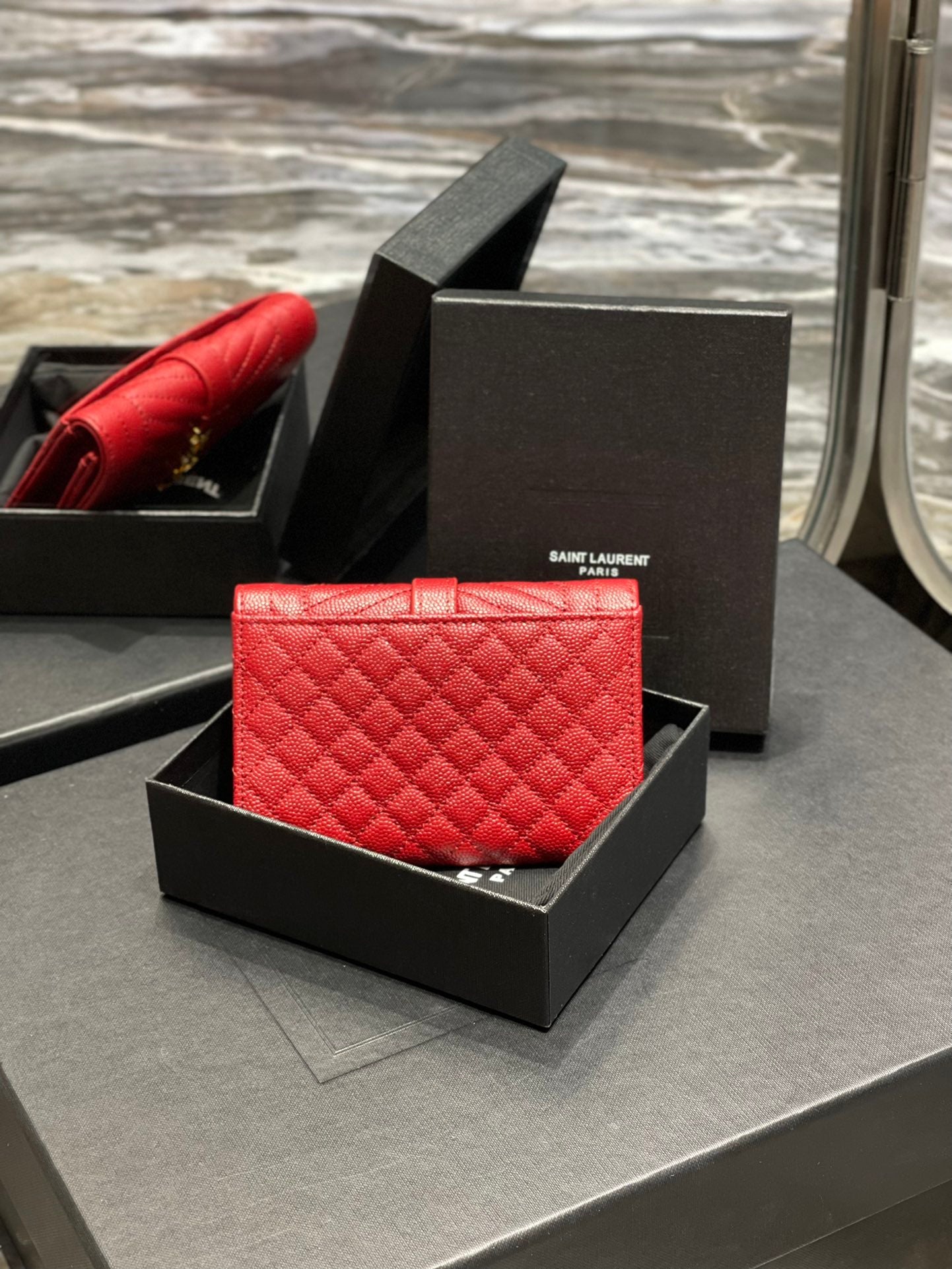 YSL 新品短夾 紅色金扣