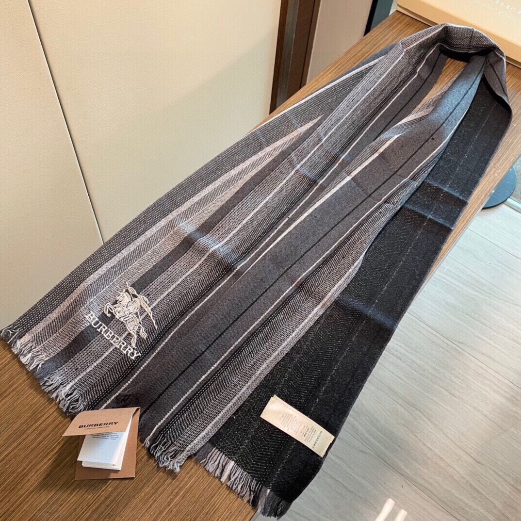 巴B家-條紋戰馬圍巾 32*180cm 羊絨 灰色