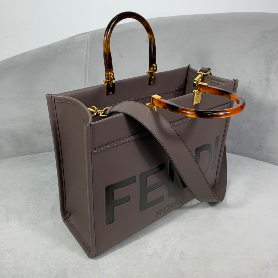 芬F家-Fendi Sunshine-中號褐灰色牛皮手提袋