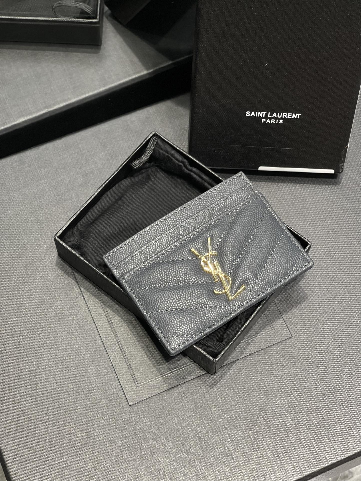 YSL卡包_藍灰色金扣