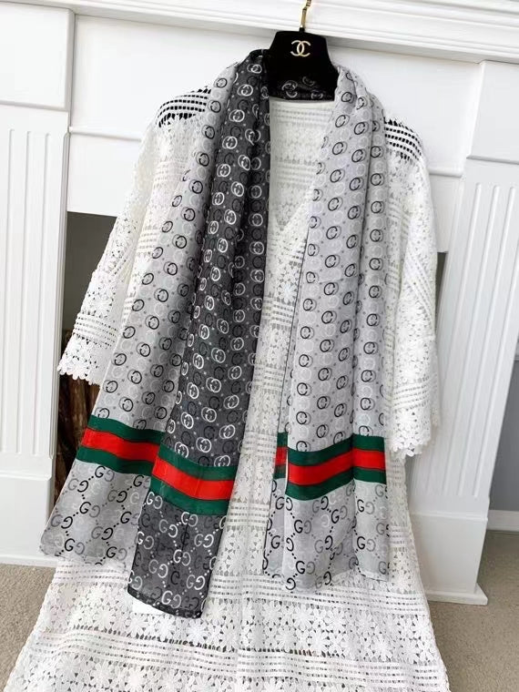 古G家-綢緞面真絲 雙層印花長巾 60*180cm-100%桑蠶絲