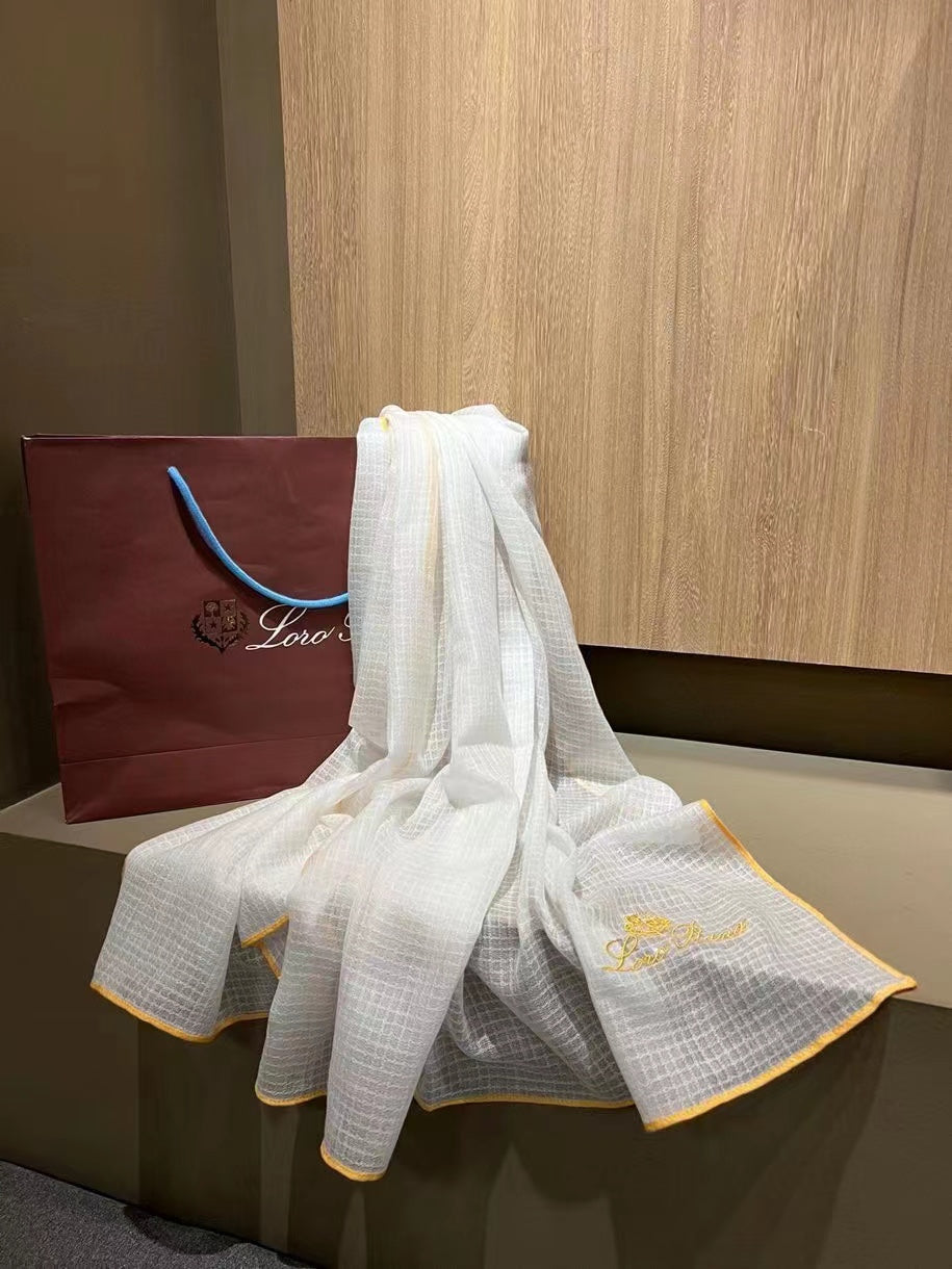 L-Piana 華夫格彩邊水毛刺繡長巾-100%羊絨-90*200cm