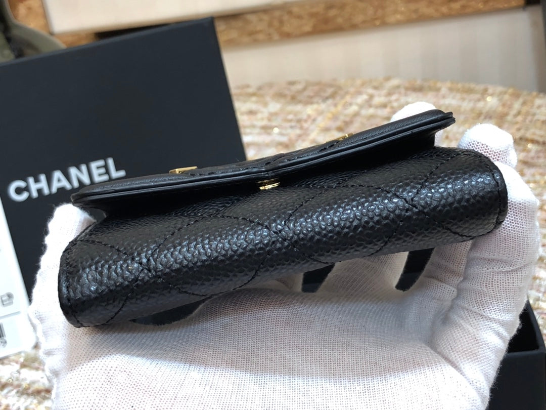 Chanel 復古CC荔枝牛皮-黑色翻蓋雙層卡包-仿舊五金