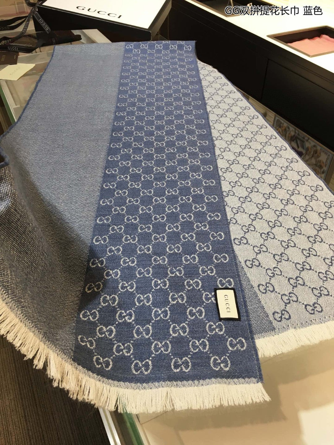古G家-雙拼提花長圍巾 40x180cm 100%進口萊恩羊毛提花 藍色