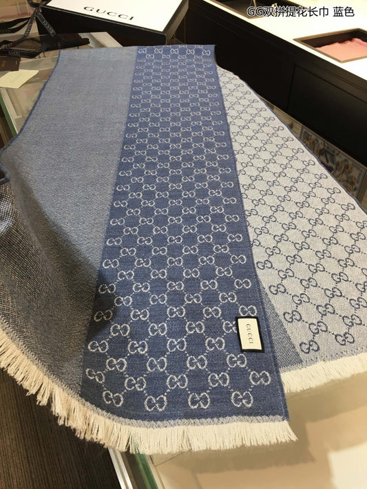 古G家-雙拼提花長圍巾 40x180cm 100%進口萊恩羊毛提花 藍色
