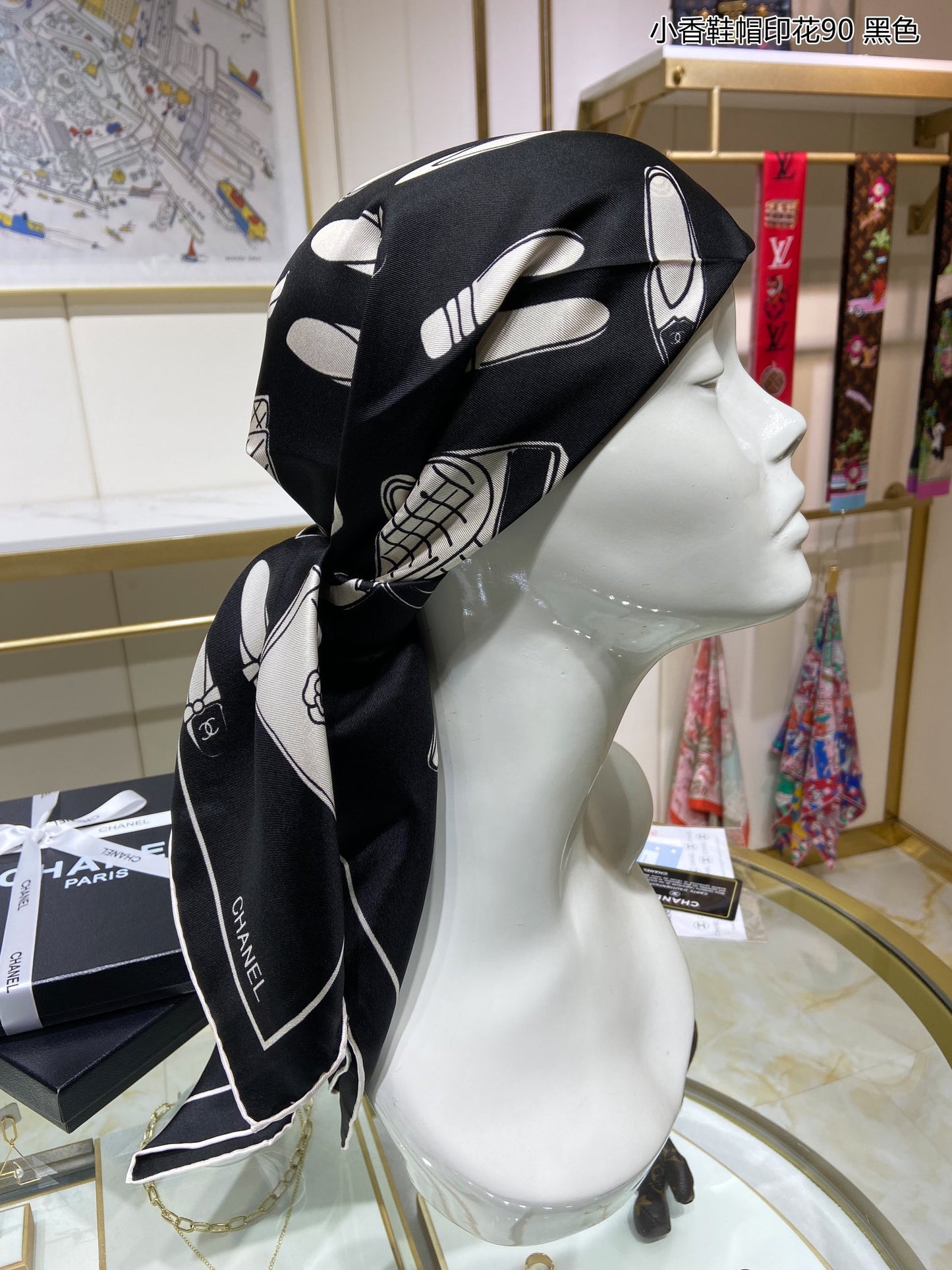 Chanel 鞋帽印花真絲方巾