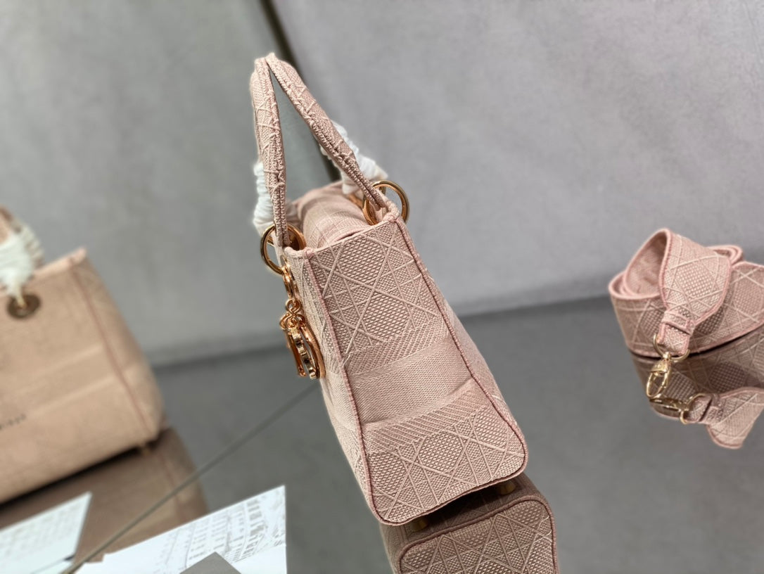 Dior Lady D-Lite黛妃包-刺繡粉色-24cm