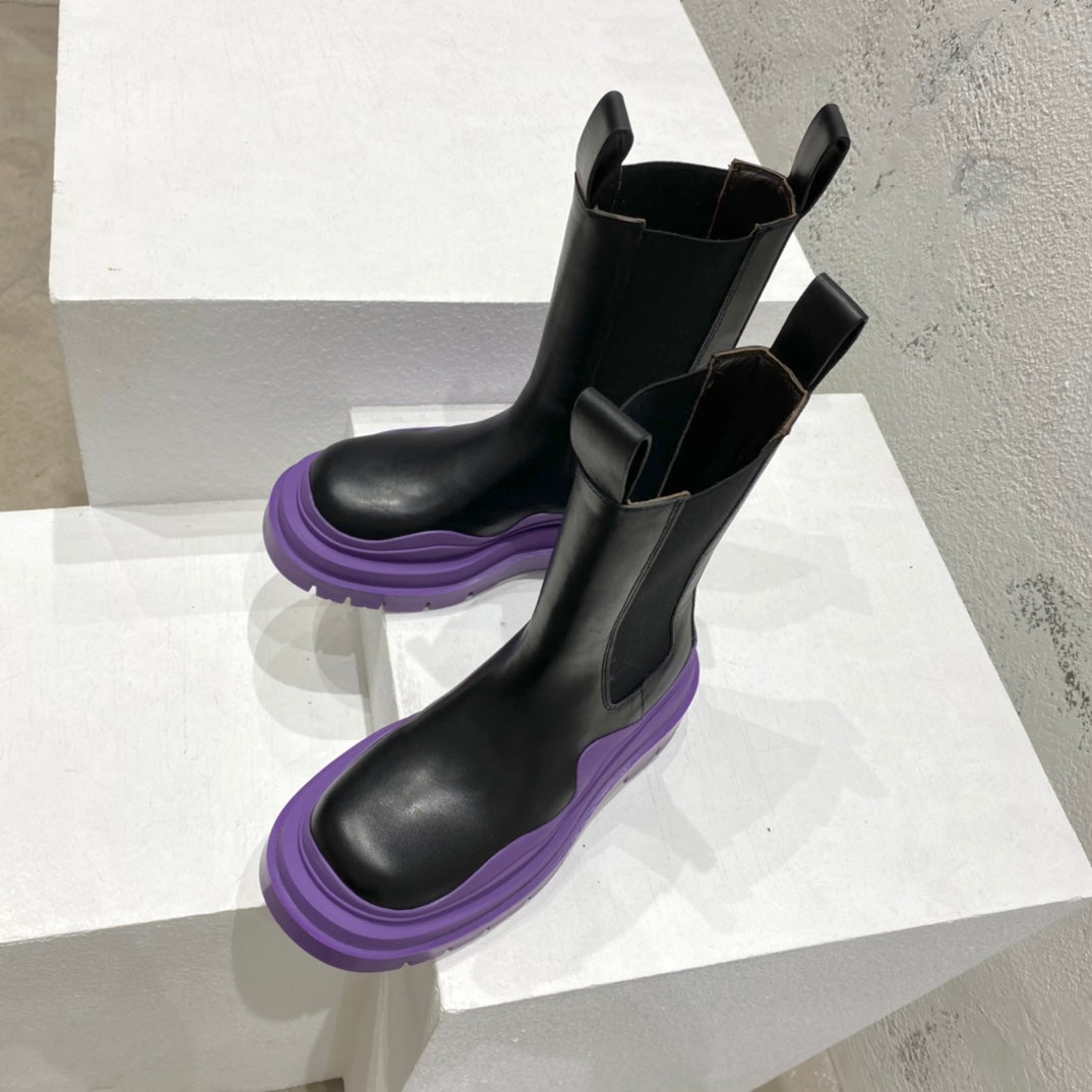 B編織-22SS 英倫復古中筒靴 男女同款 黑色紫底