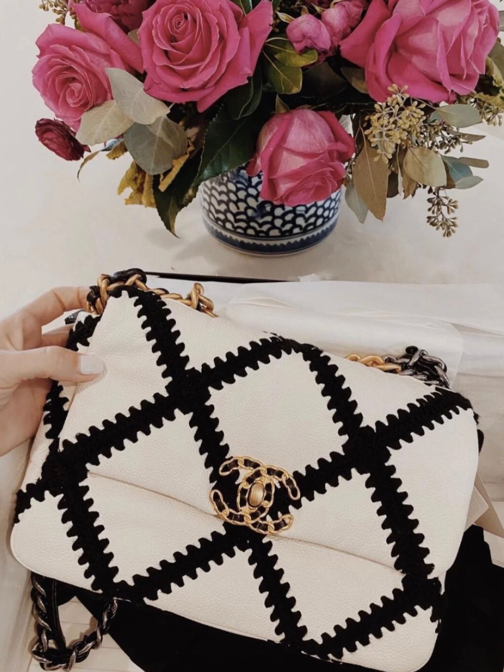 Chanel 19Bag 牛皮款-黑白格紋