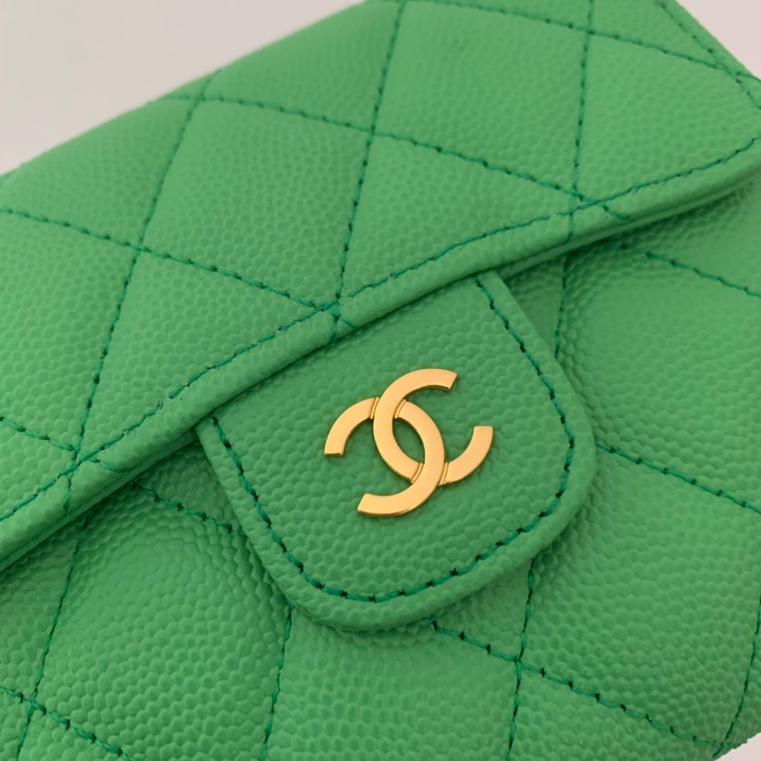 Chanel CF 三折短夾-綠色荔枝皮金釦
