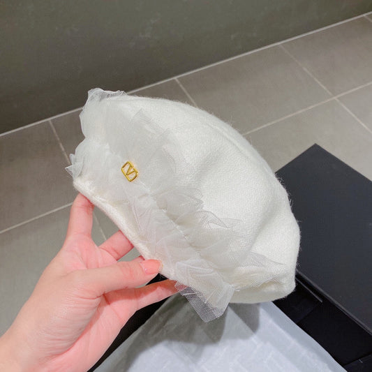 范倫V-網紗貝雷帽 白色