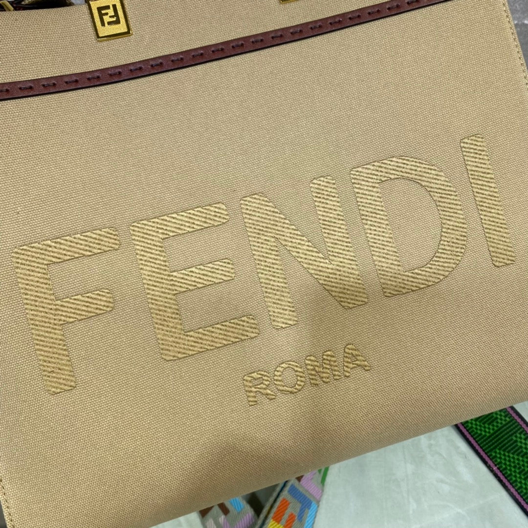 芬F家-Fendi Sunshine-中號米色帆布手提袋