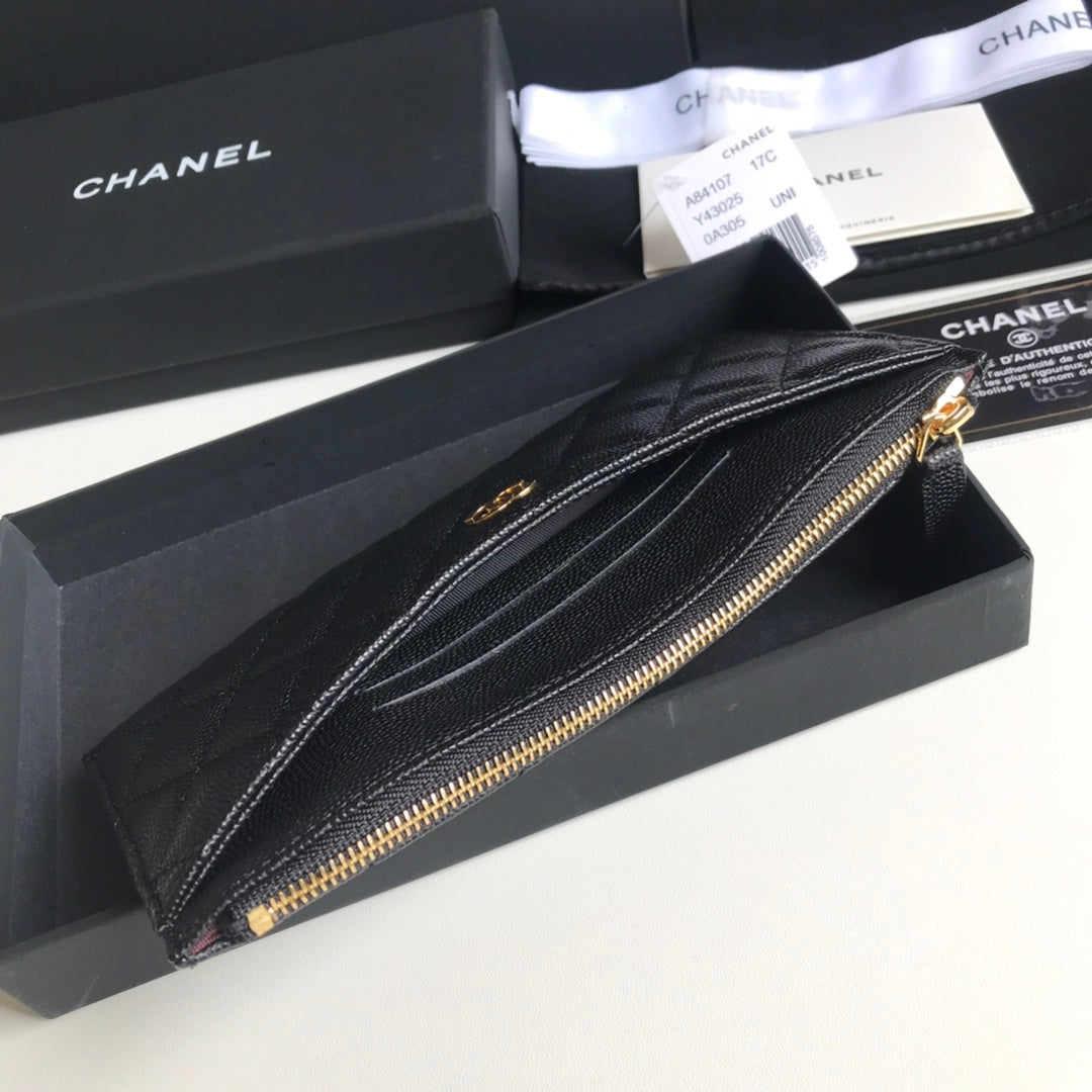 Chanel 拉鍊長夾卡包-扁長夾-黑色荔枝皮金釦