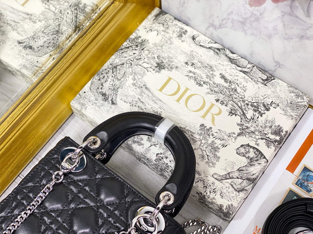 Dior-Mini Lady Dior手袋-三格黛妃-17cm-黑色銀釦