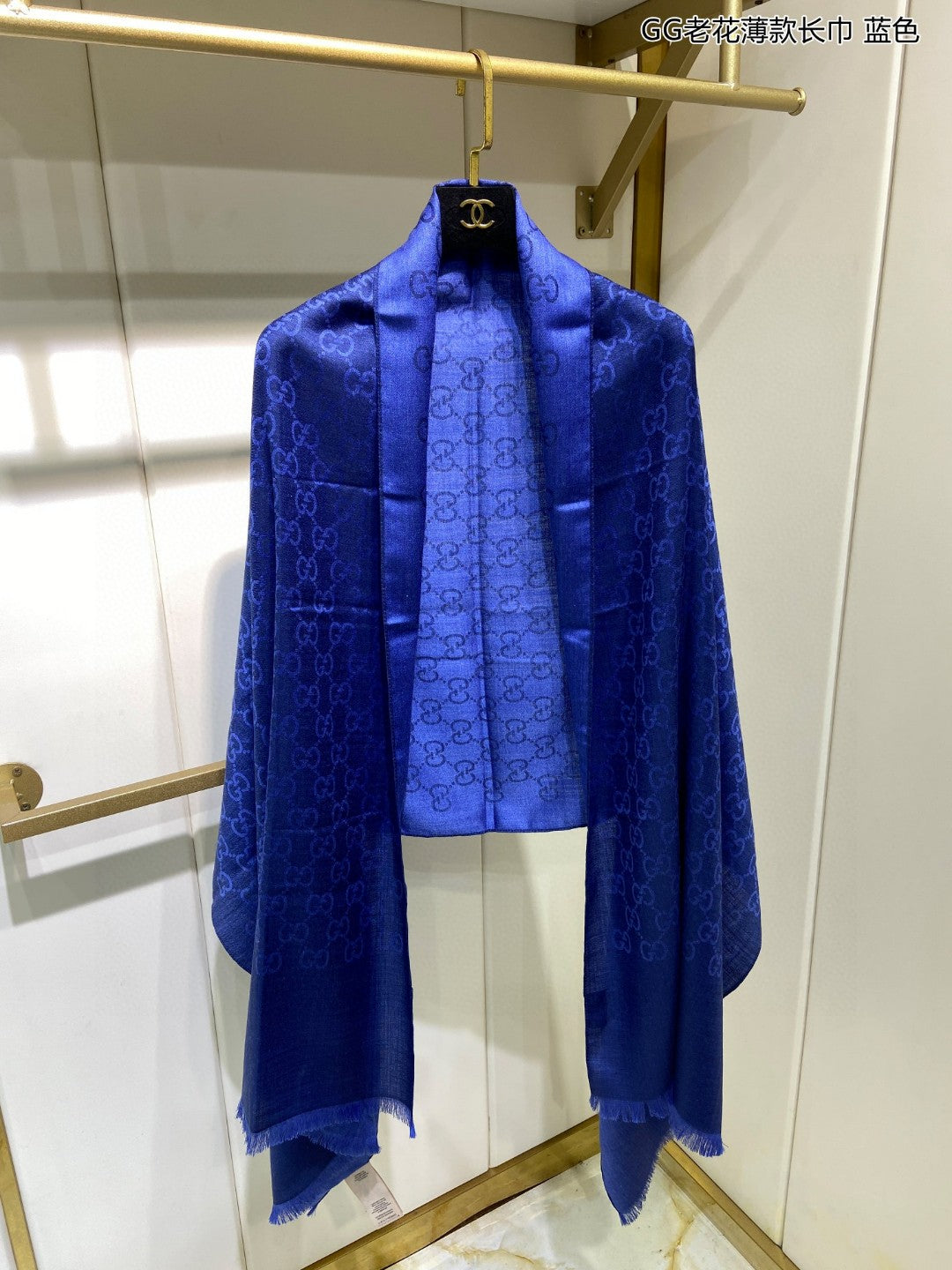 古G家-老花薄款長圍巾 70*200cm 米爾羊毛真絲 藍色