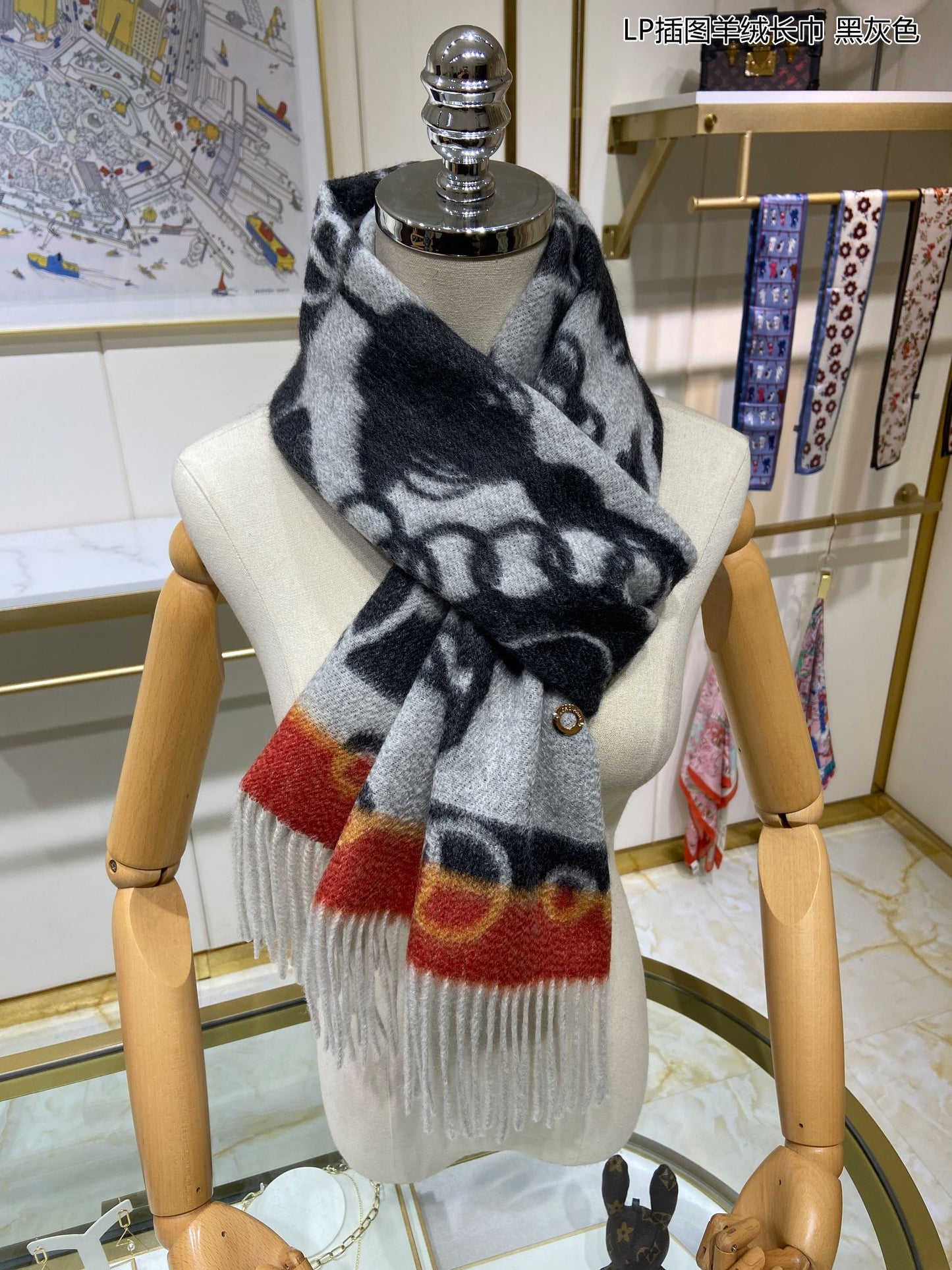 L-Piana 插圖羊絨長圍巾 33*190cm-100%頂級端野羊絨