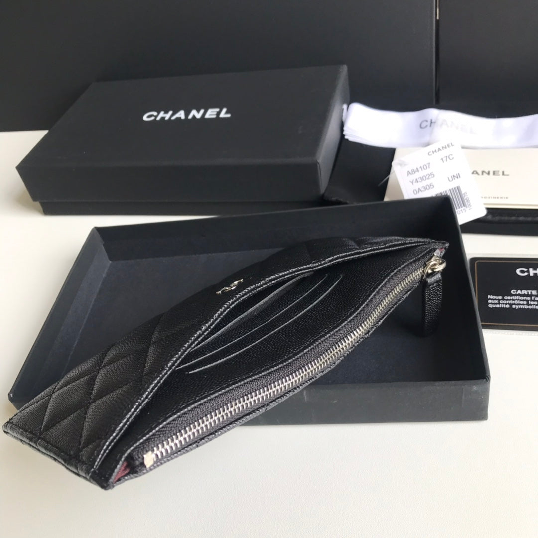 Chanel 拉鍊長夾卡包-扁長夾-黑色荔枝皮銀扣