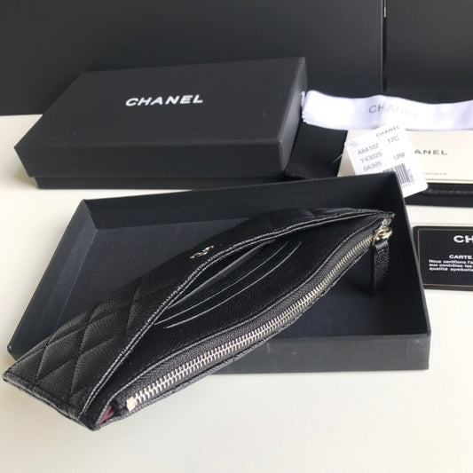 Chanel 拉鍊長夾卡包-扁長夾-黑色荔枝皮銀扣