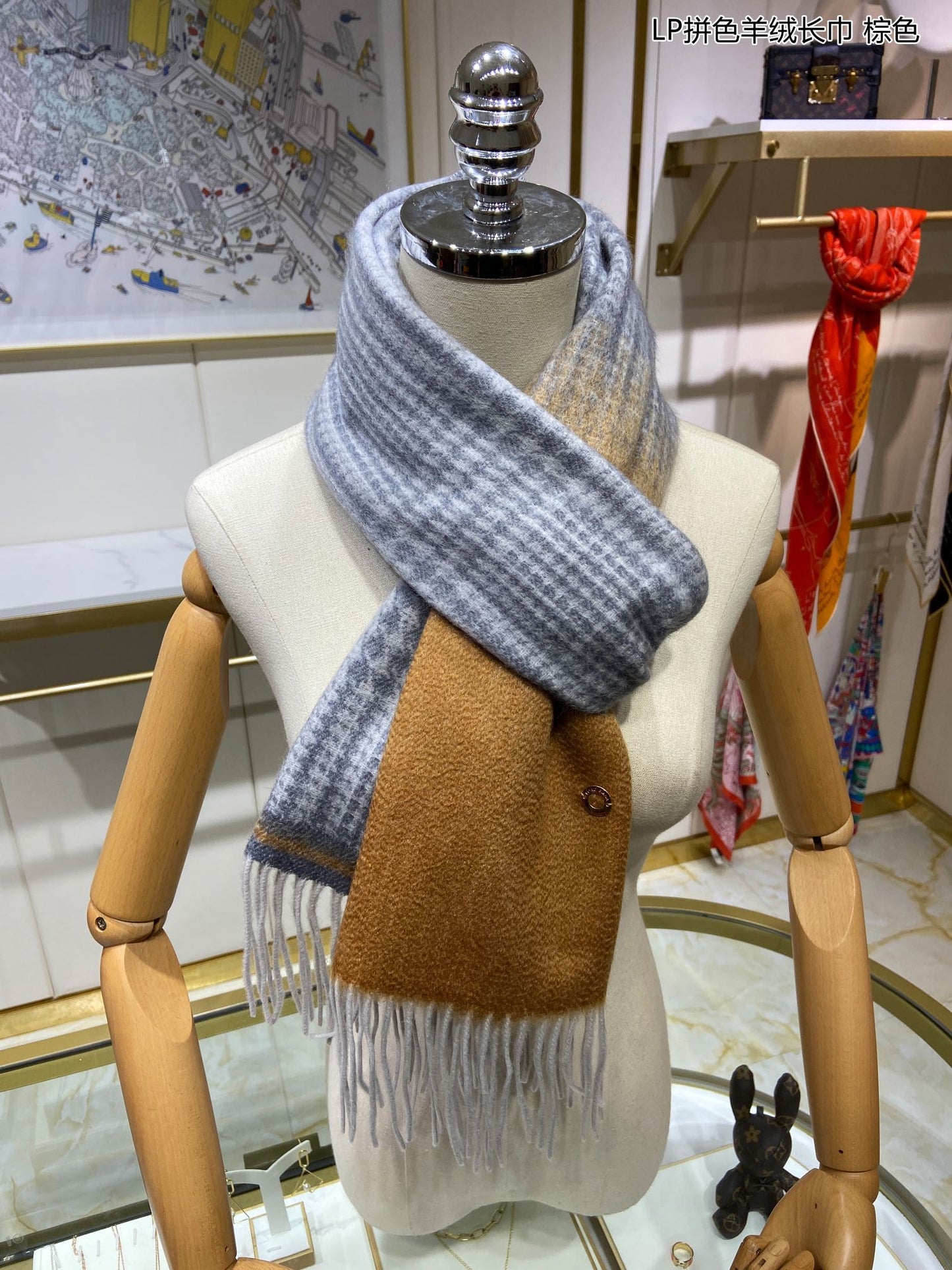 L-Piana 雙面拼色羊絨長圍巾 33*190cm-100%頂級端野羊絨