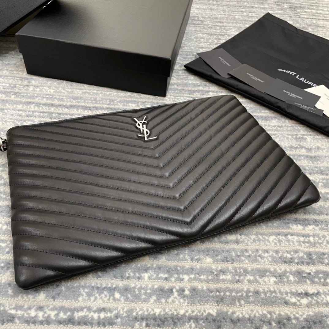 YSL MONOGRAM 大號手拿包-黑色小牛皮銀扣-36cm