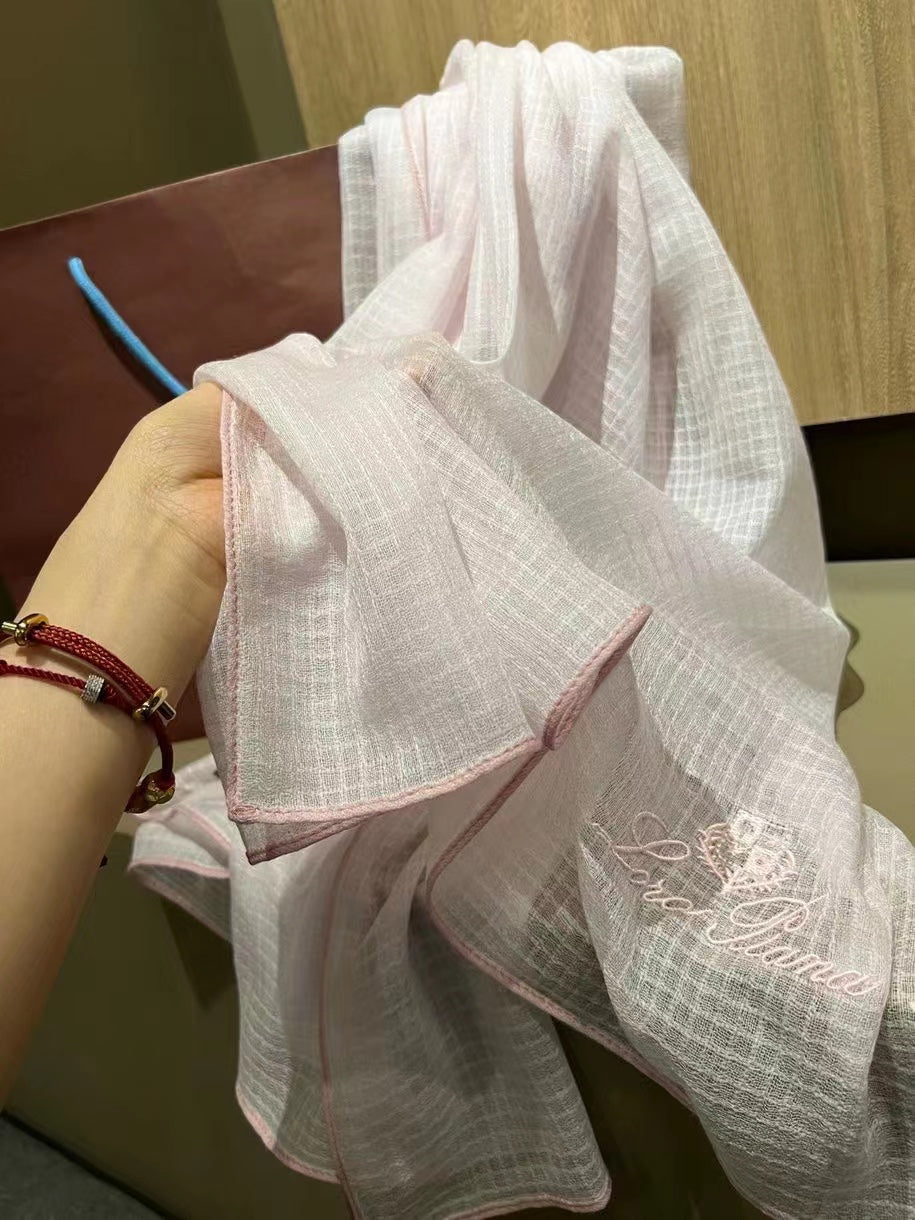 L-Piana 華夫格彩邊水毛刺繡長巾-100%羊絨-90*200cm