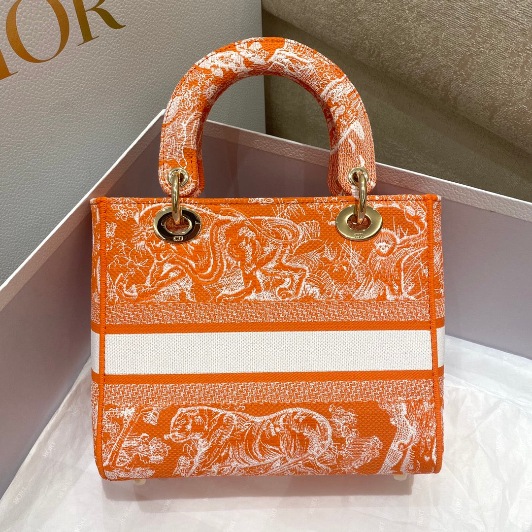 迪D家 Lady D-Lite黛妃包-帆布刺繡-橙色老虎 24cm