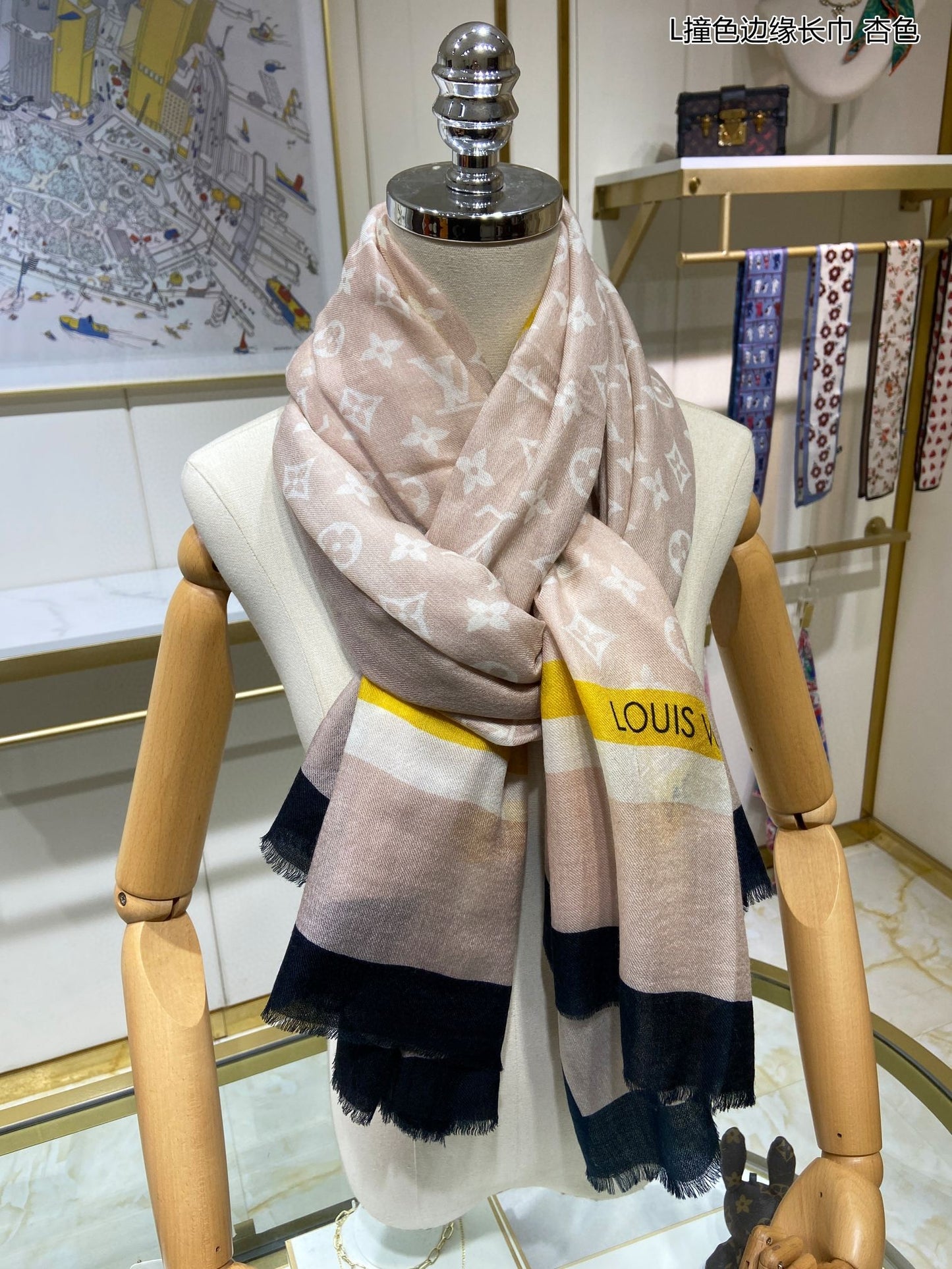 路L家-撞色邊緣長圍巾 110*200cm 100%羊絨 米色