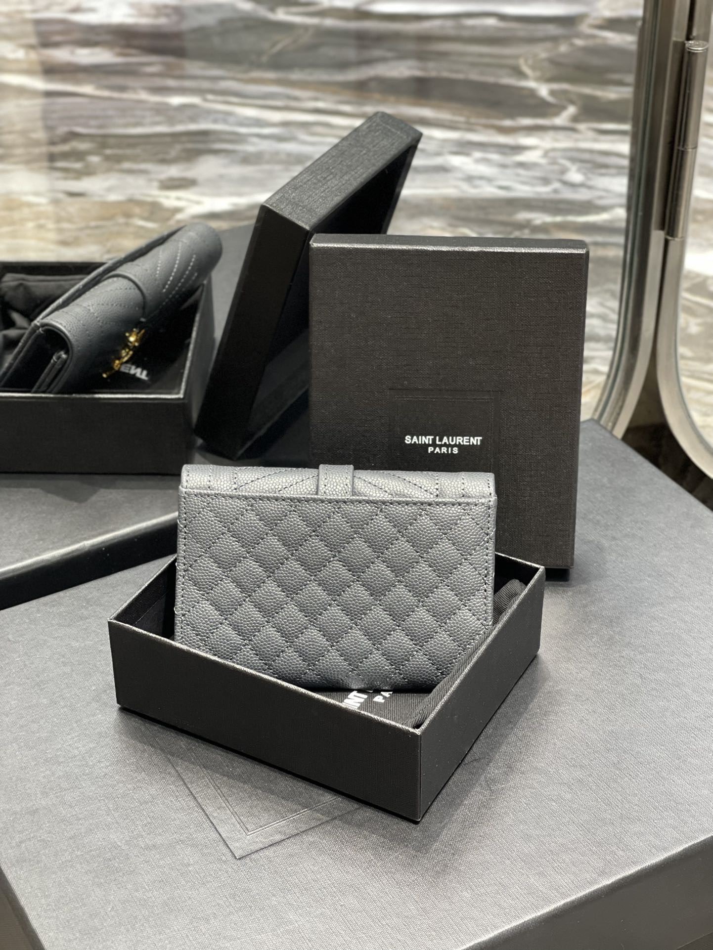YSL 新品短夾 藍灰色金扣