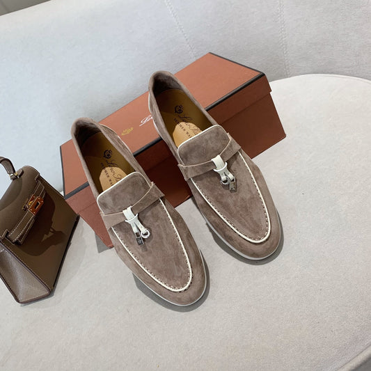 Loro p1ana-羊絨復古平底鞋 鎖邊款 淺棕色