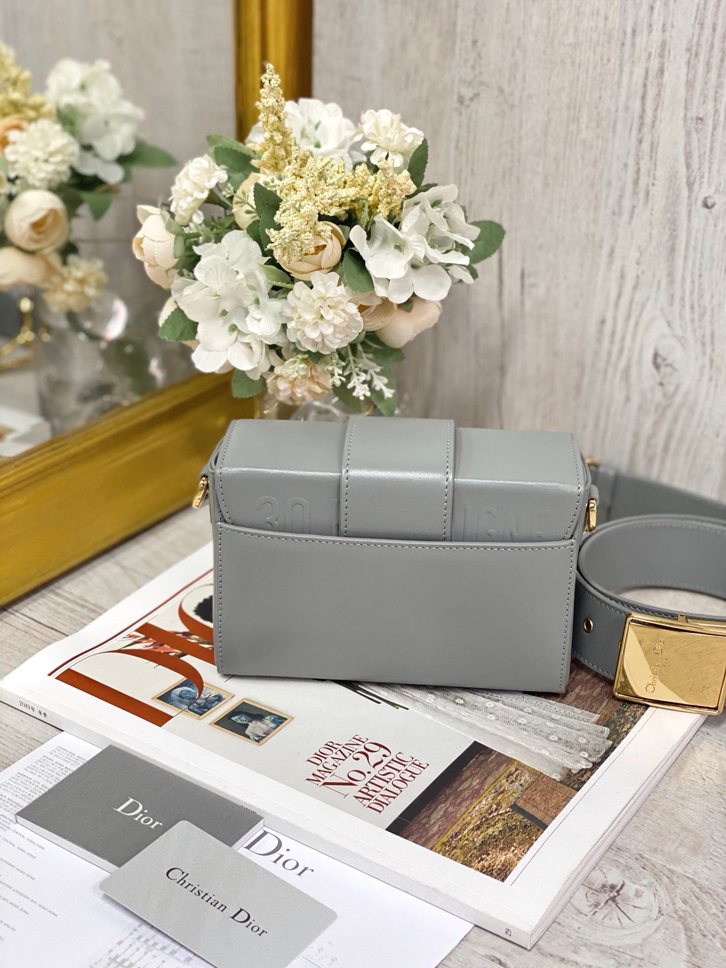 Dior 蒙田 Mini Box-平紋牛皮-金扣-17.5cm-灰色
