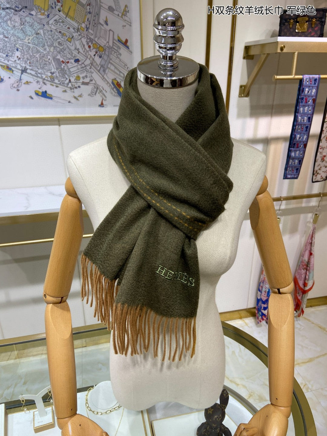 小愛款-條紋羊絨長圍巾 30*180cm 進口山羊絨 綠色