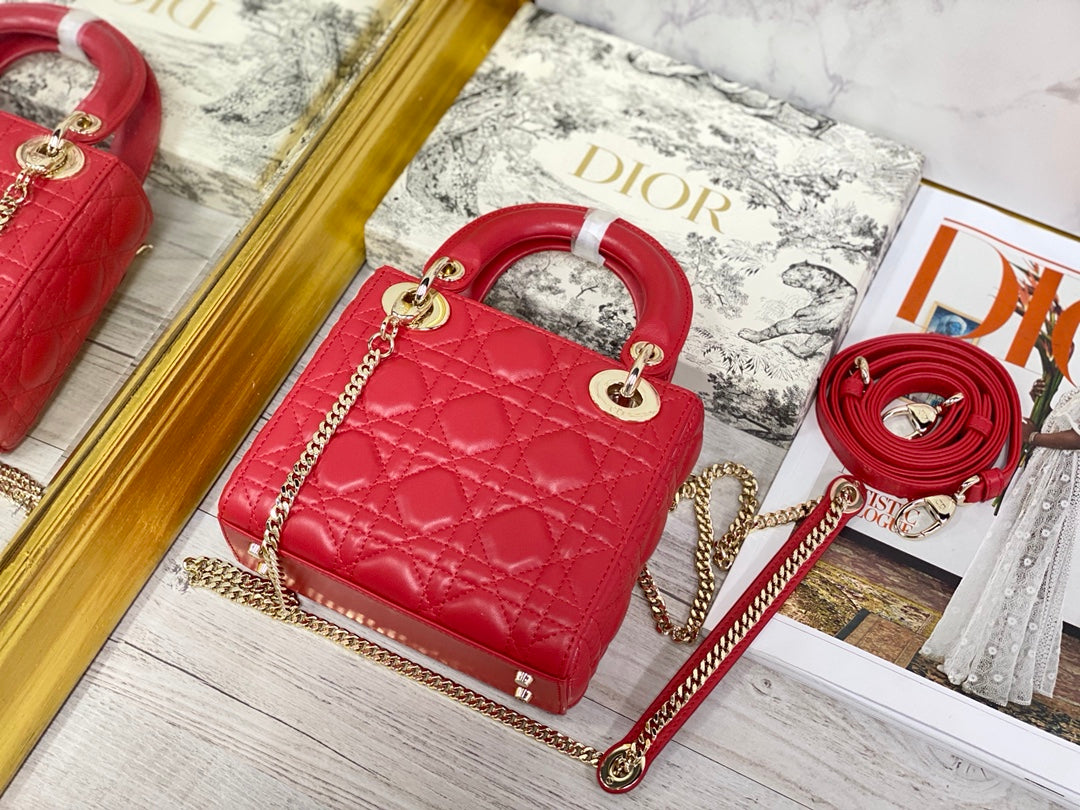 Dior-Mini Lady Dior手袋-三格黛妃-17cm -紅色金扣
