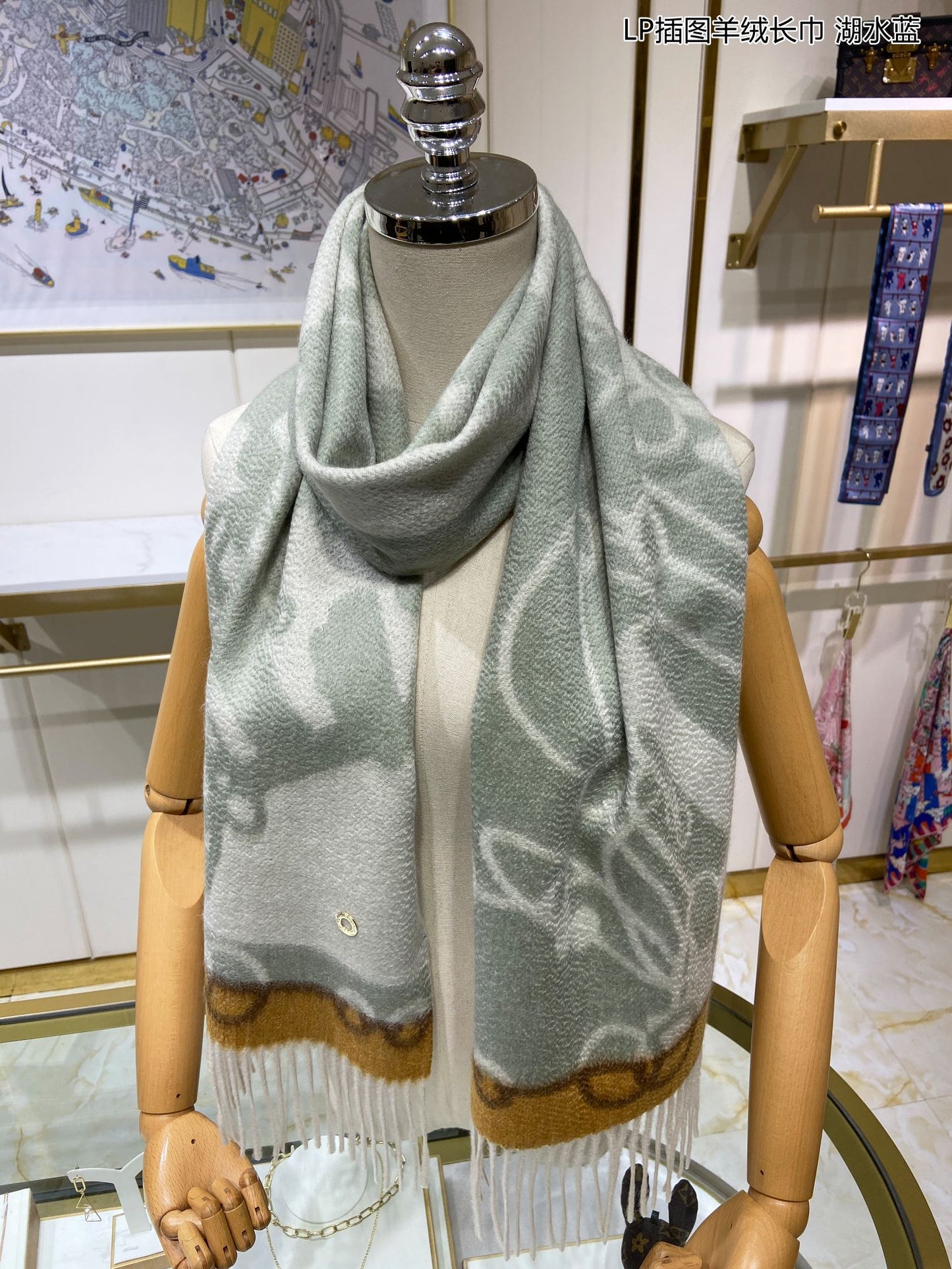 L-Piana 插圖羊絨長圍巾 33*190cm-100%頂級端野羊絨