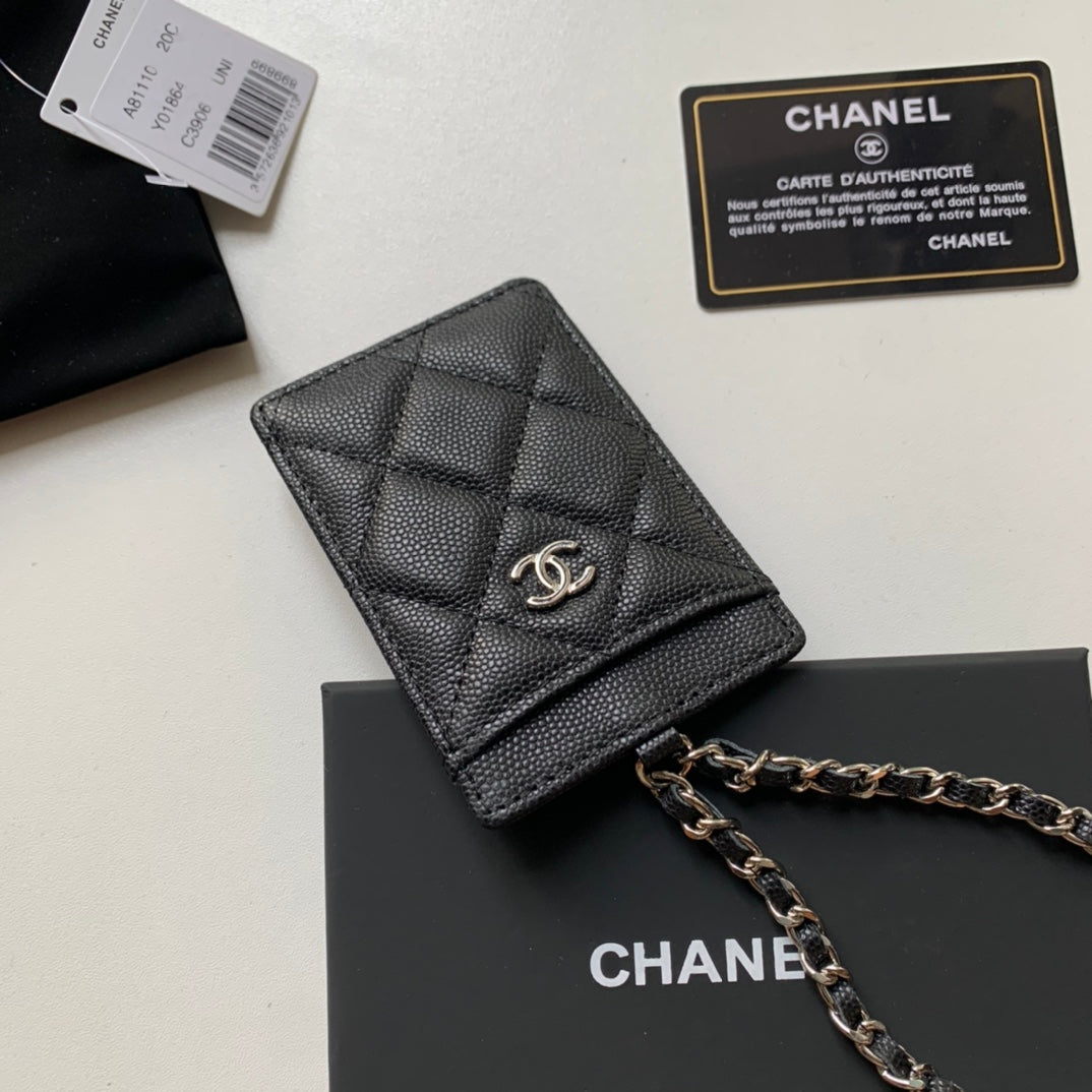 Chanel 證件套-黑色荔枝皮銀扣