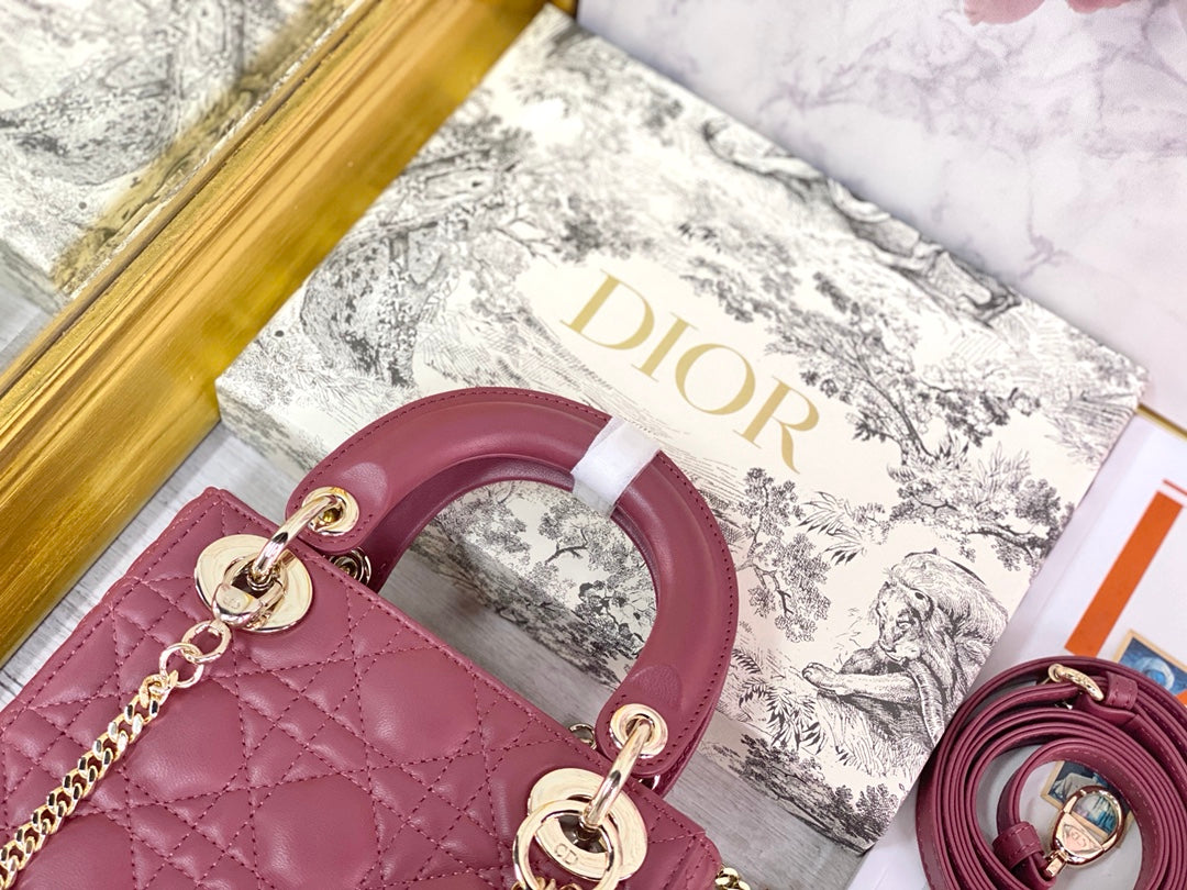 Dior-Mini Lady Dior手袋-三格黛妃-17cm-木槿粉金扣