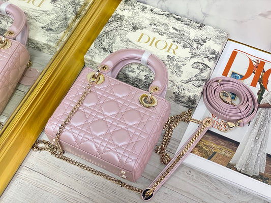 Dior-Mini Lady Dior手袋-三格黛妃-17cm-珠光粉金扣