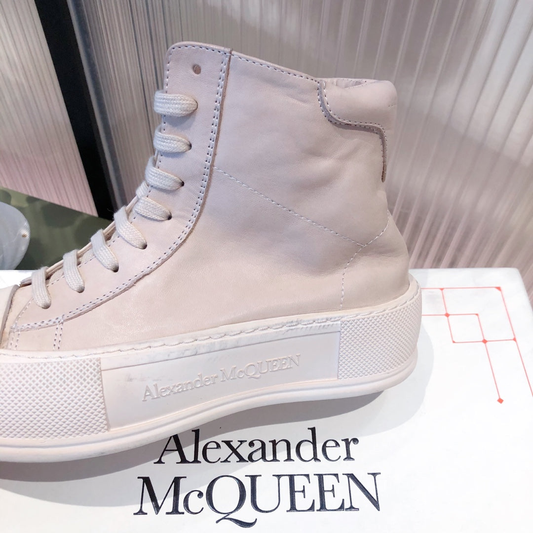 麥M昆-厚底 高筒 帆布鞋 白杏色