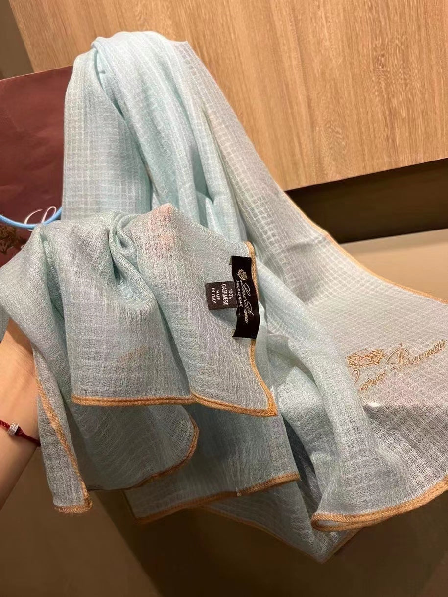 L-Piana 華夫格彩邊水毛刺繡長巾-100%羊絨-90*200cm