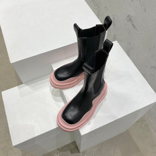 B編織-22SS 英倫復古中筒靴 男女同款 黑色粉底