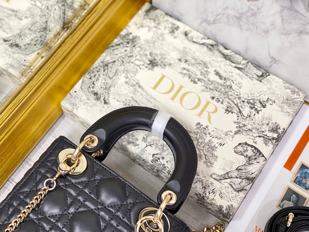 Dior-Mini Lady Dior手袋-三格黛妃-17cm-黑色金扣