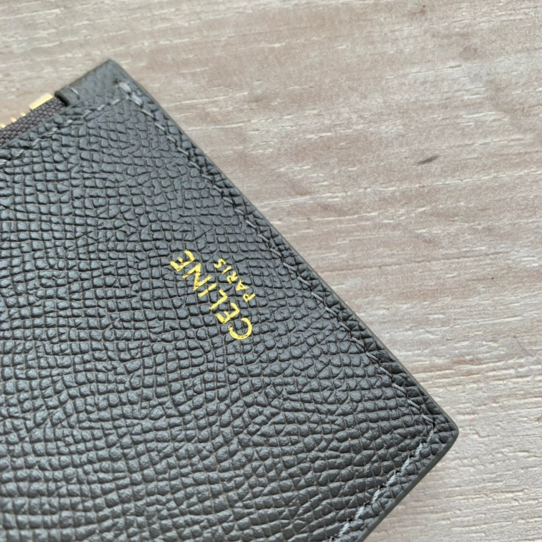 Celine 粒面小牛皮拉鍊卡包-鐵灰