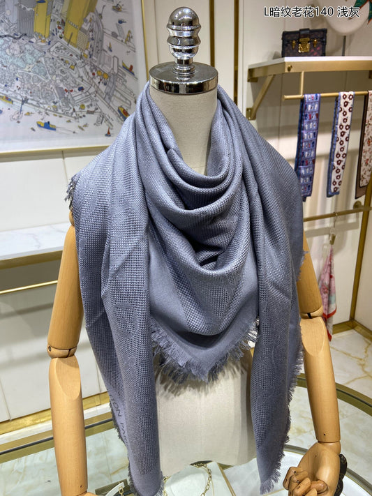 路L家-暗紋老花圍巾 140*140cm 真絲與羊毛 灰色