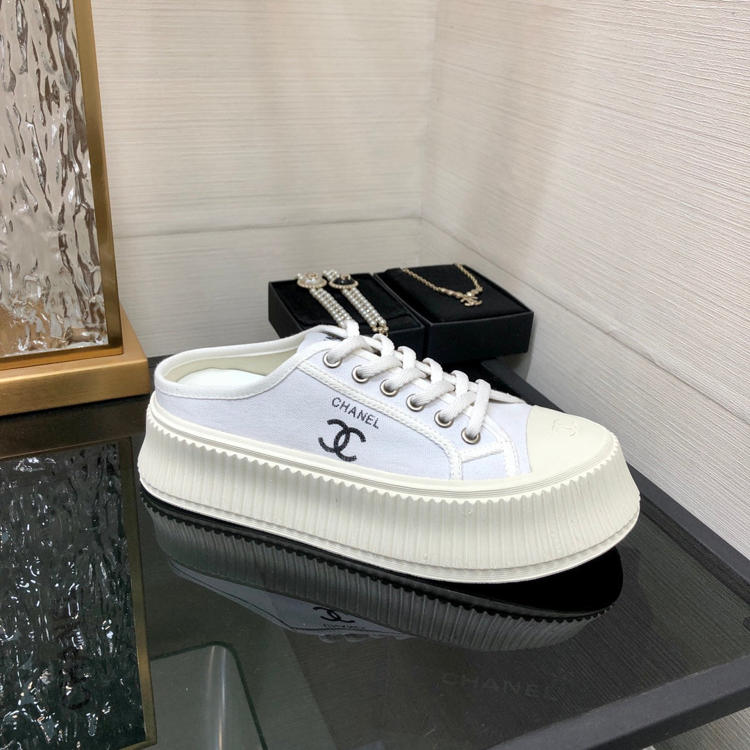 小香家-2023春夏新款 厚底帆布拖鞋 白色