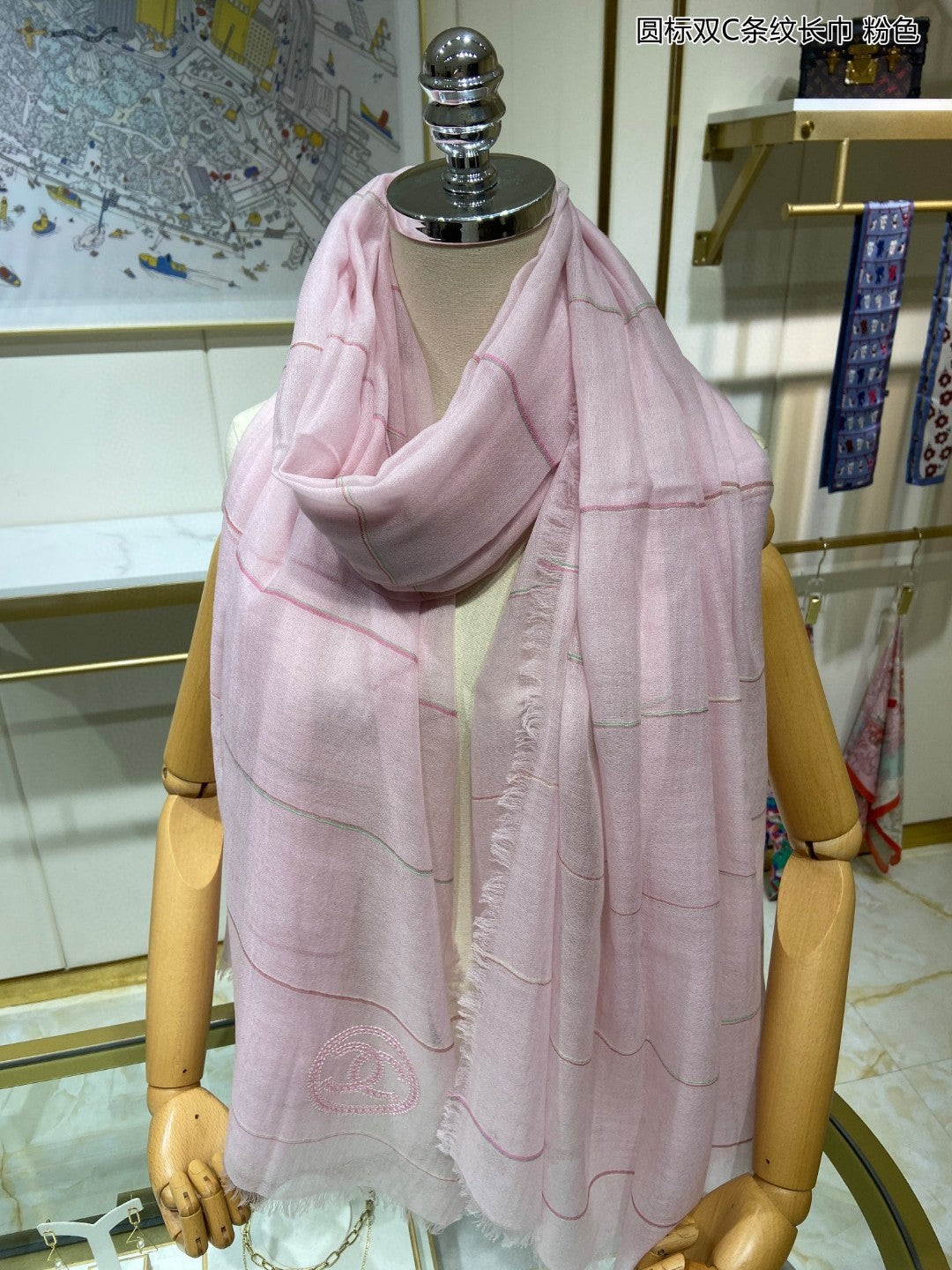 小香家-圓標雙C條紋長圍巾 138*208cm 頂級澳洲進口純羊絨重磅 粉色