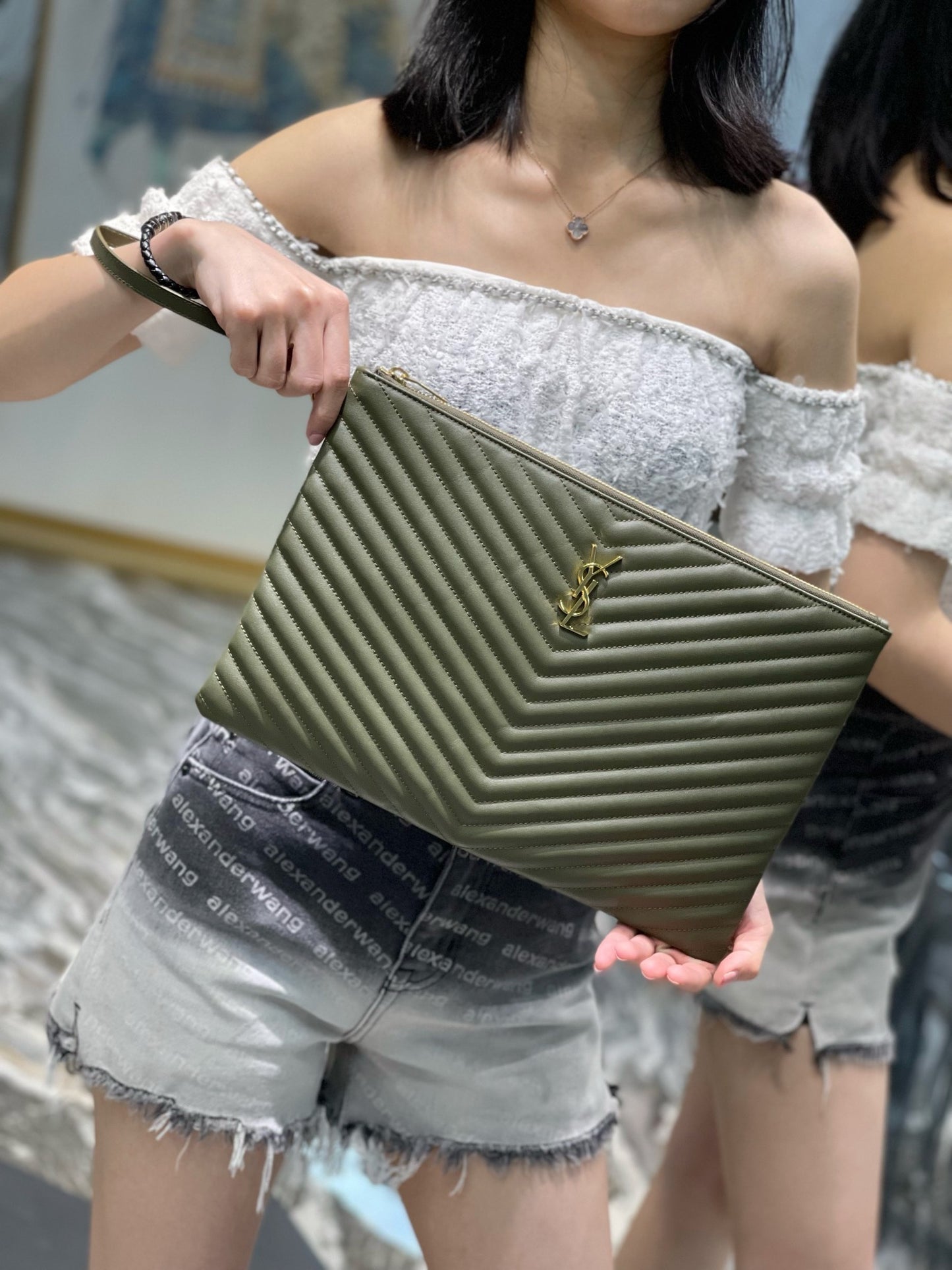 YSL 提花拼接文件手拿包-綠色金扣-36cm
