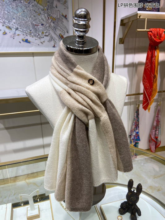 L-Piana-拼色圍巾 33*95cm 100%山羊絨 杏色