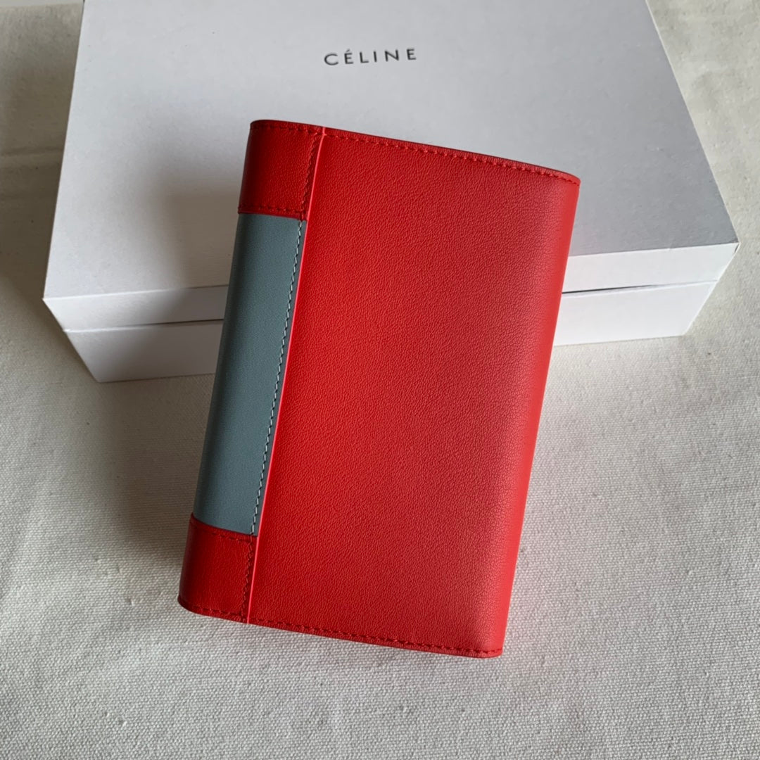 Celine 三折中夾-西瓜紅拼淺藍